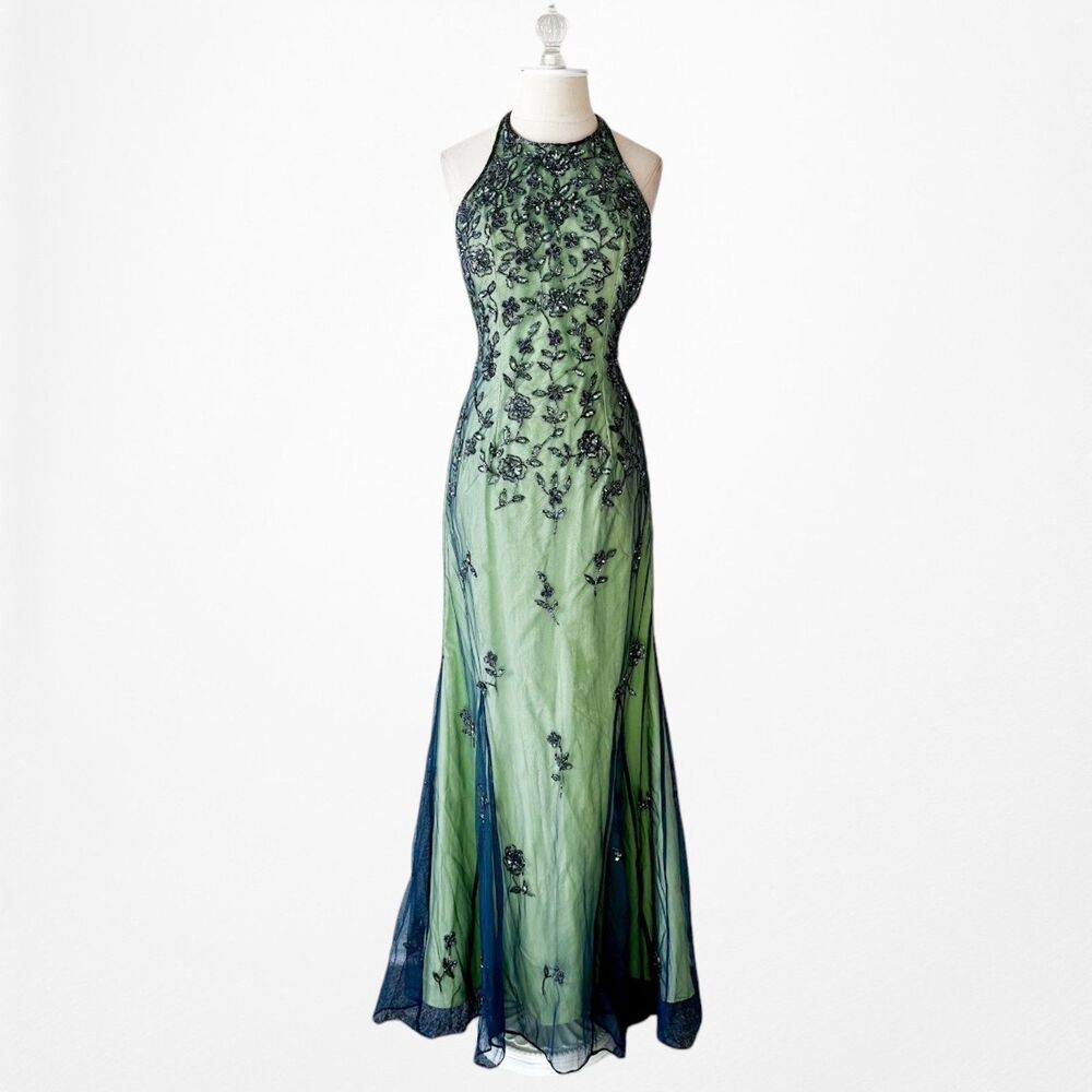 Vintage Y2K 90s Green Floral Halter Beaded Mesh Bodycon Maxi Prom Dress Size S - Picture 5 of 14